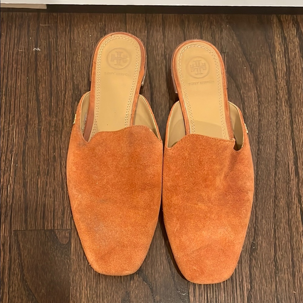 Tory Burch Burnt Orange Suede Mules with Square Toe